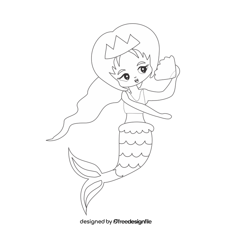 Mermaid with shell drawing black and white clipart