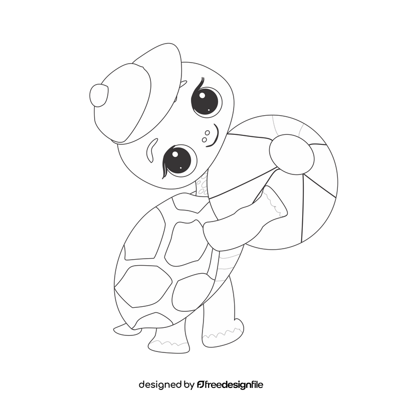 Turtle playing with a ball black and white clipart