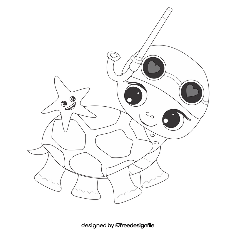 Turtle and starfish illustration black and white clipart
