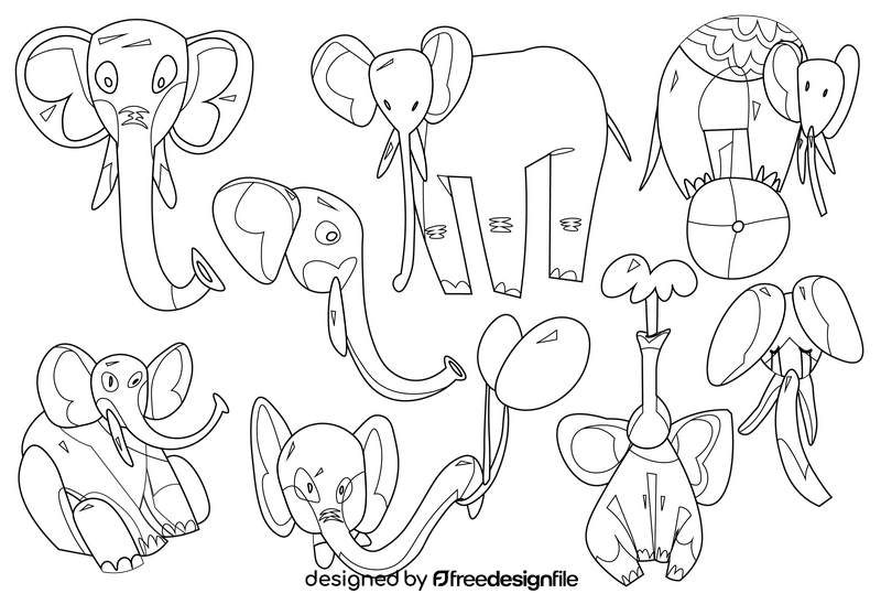 Elephant cartoon set black and white vector