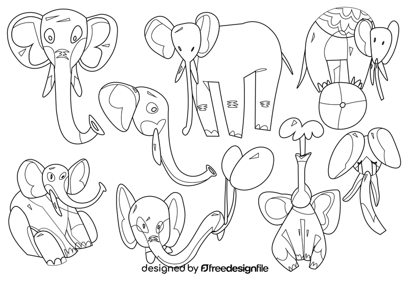 Elephant cartoon set black and white vector