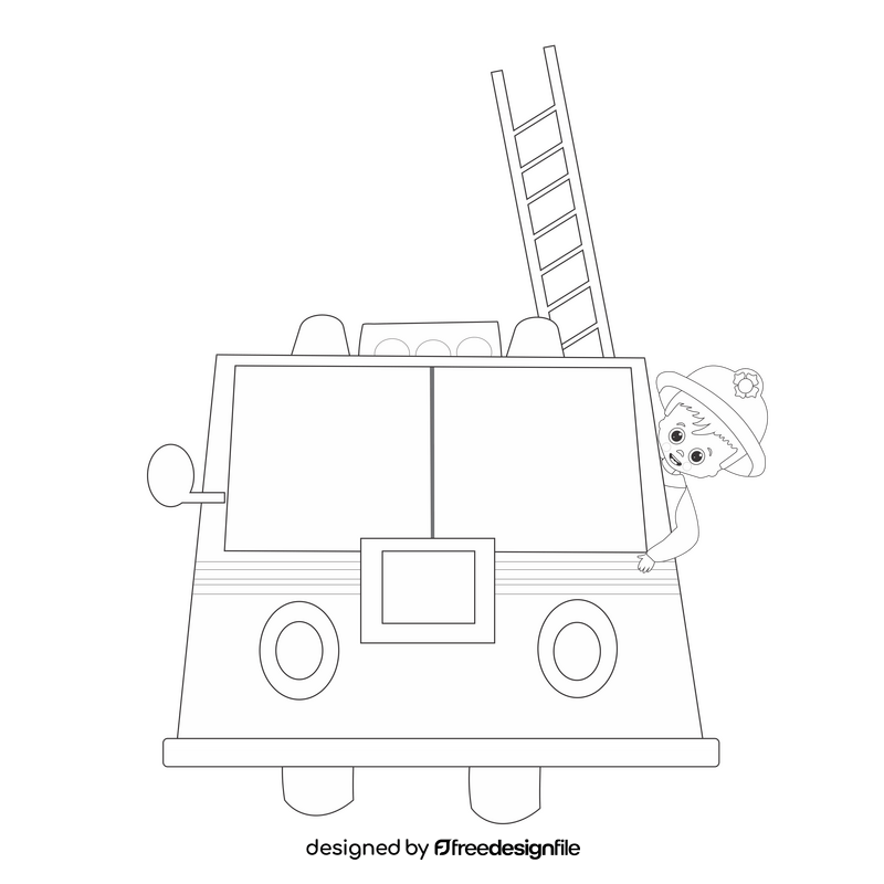 Cartoon firefighter in fire truck black and white clipart