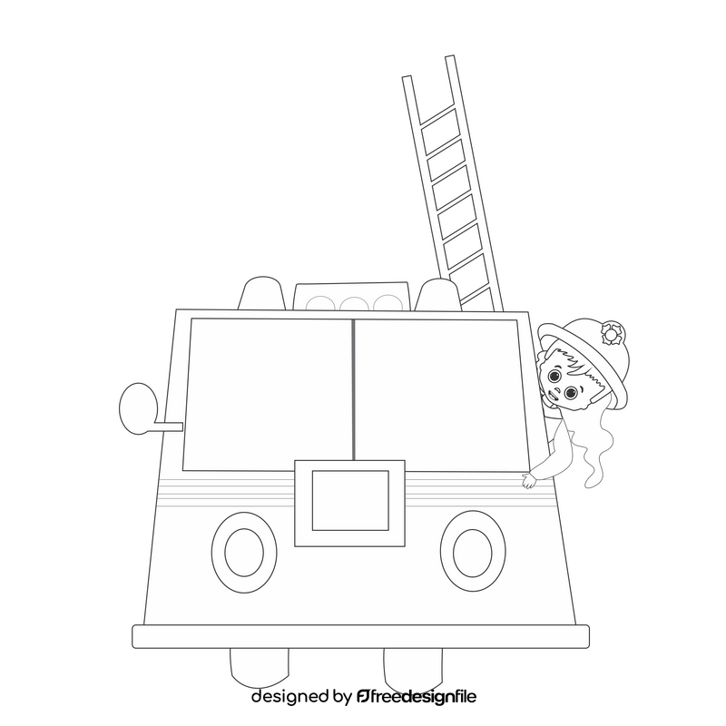 Female firefighter in fire truck black and white clipart