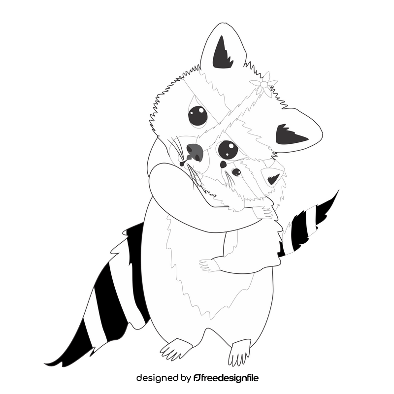 Mother and baby raccoons black and white clipart