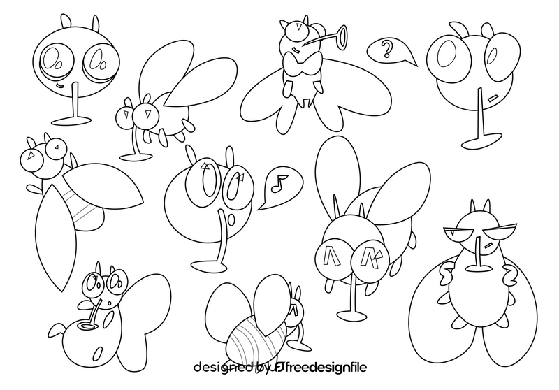 Fly cartoon set black and white vector