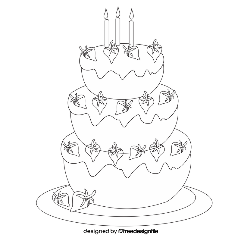 3 tier strawberry birthday cake black and white clipart