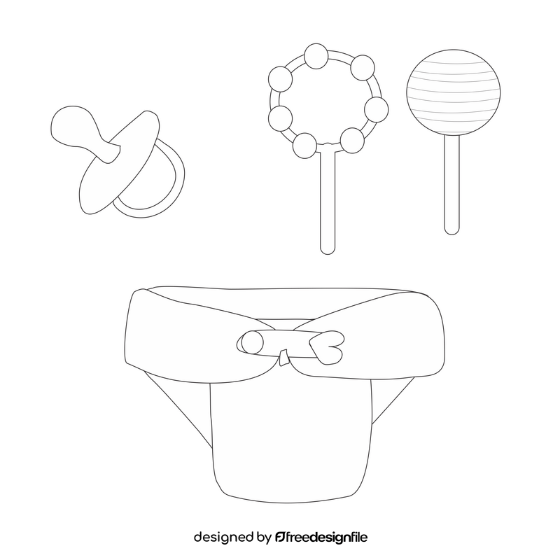 Baby items rattle, pacifier, diaper black and white clipart