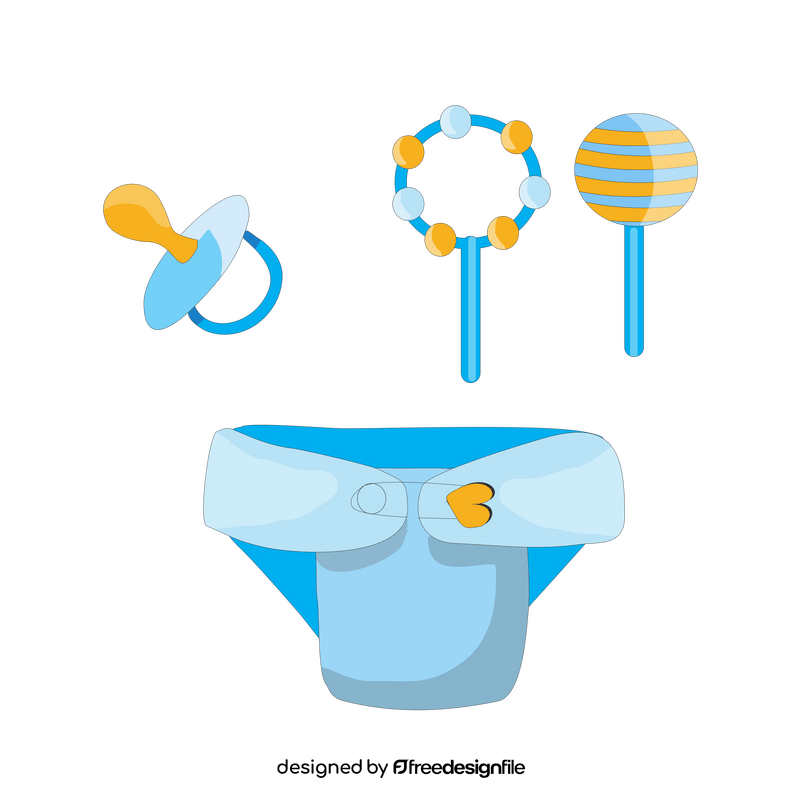 Baby items rattle, pacifier, diaper clipart