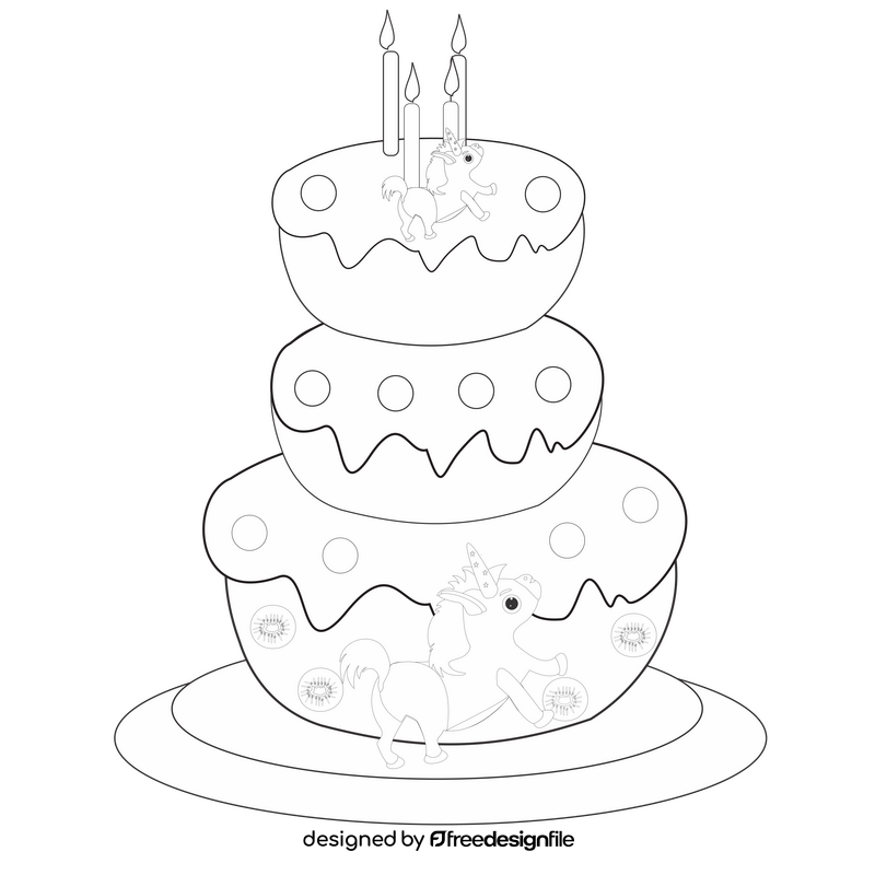 Cartoon unicorn birthday cake black and white clipart