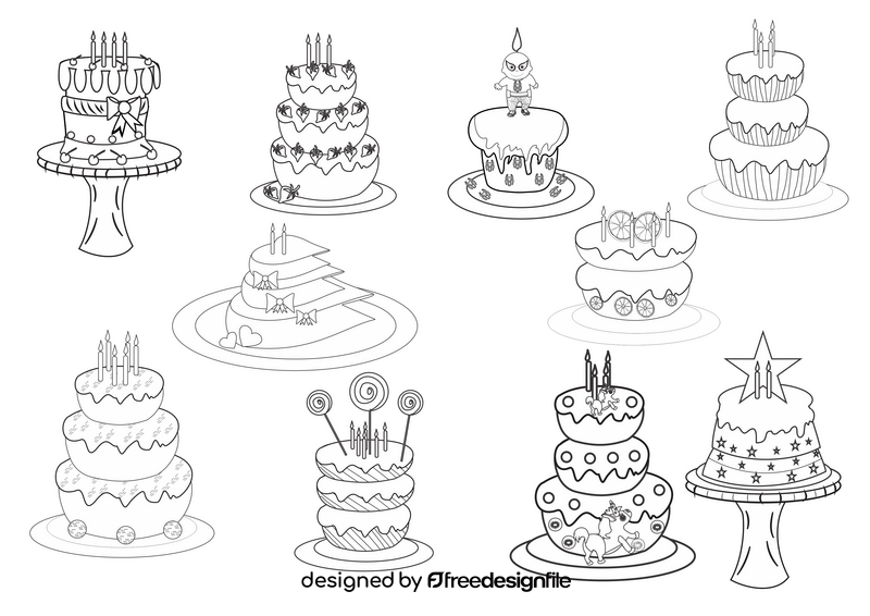 Cartoon birthday cakes black and white vector