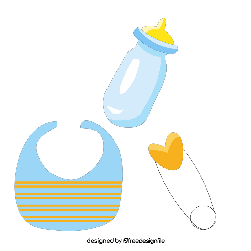 Baby items, bottle, diaper pin, and bib clipart
