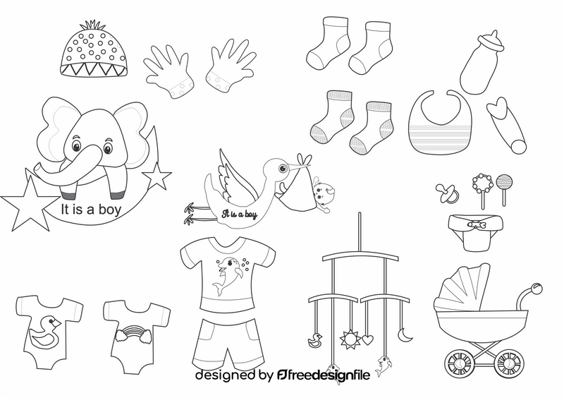 Baby items black and white vector