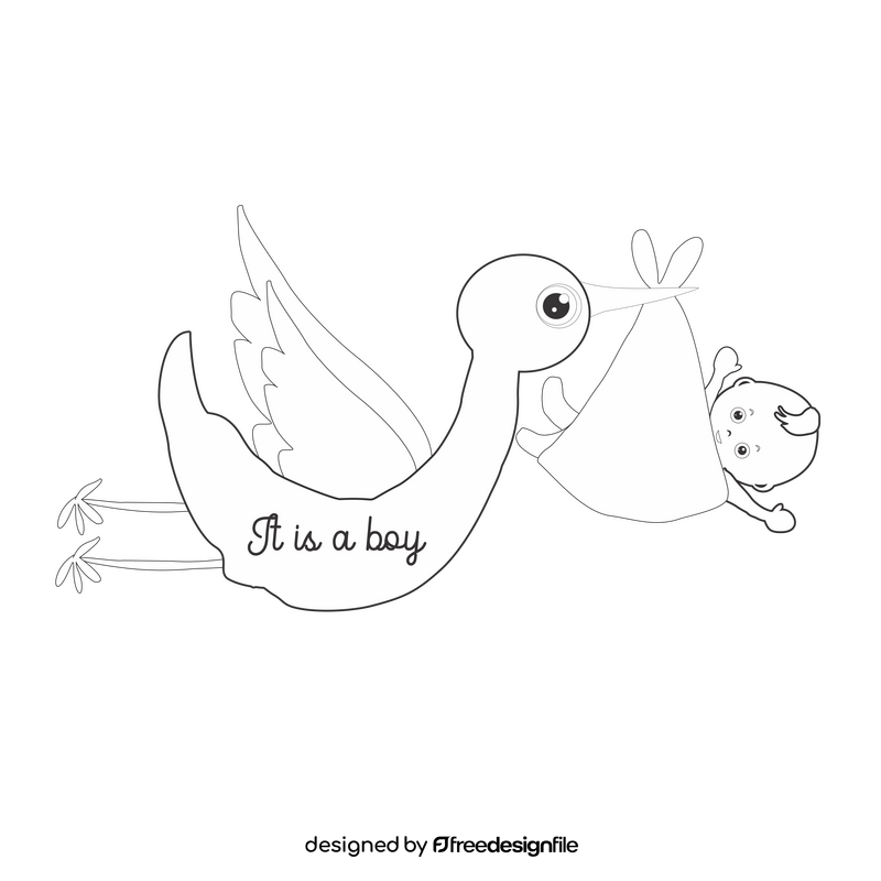Stork carrying baby boy black and white clipart