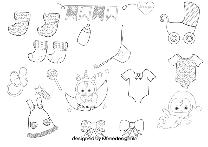 Baby girl items black and white vector