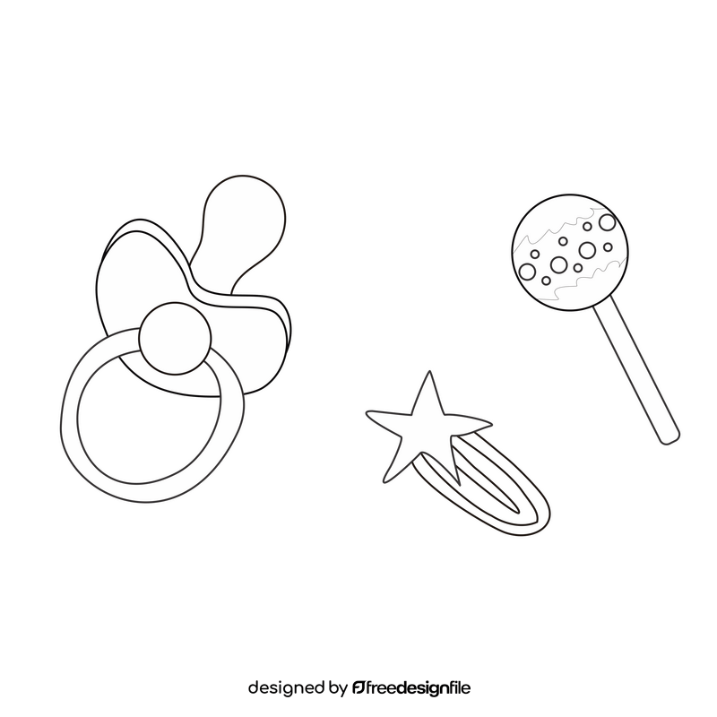 Baby girl items, rattle, pacifier, diaper pin black and white clipart
