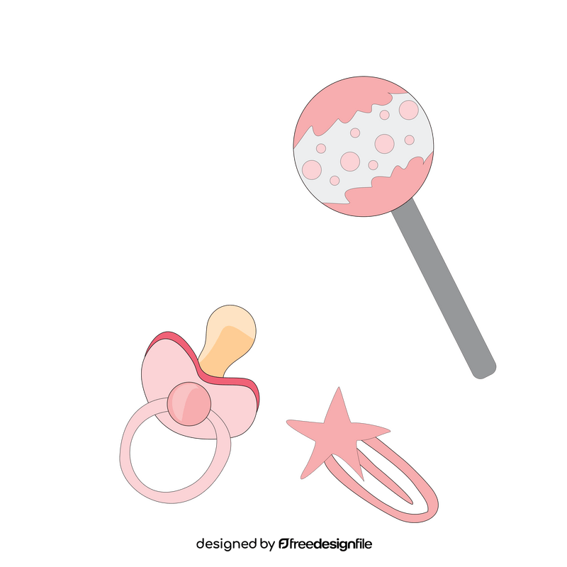 Baby girl items, rattle, pacifier, diaper pin clipart