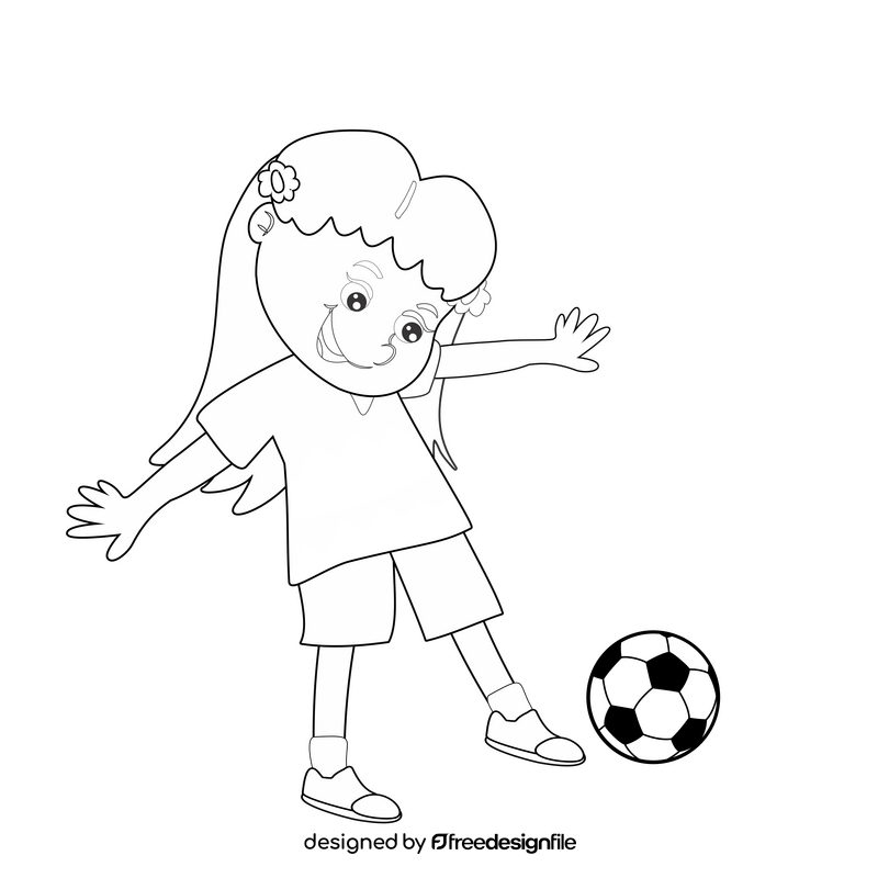 Cute blond girl playing soccer black and white clipart