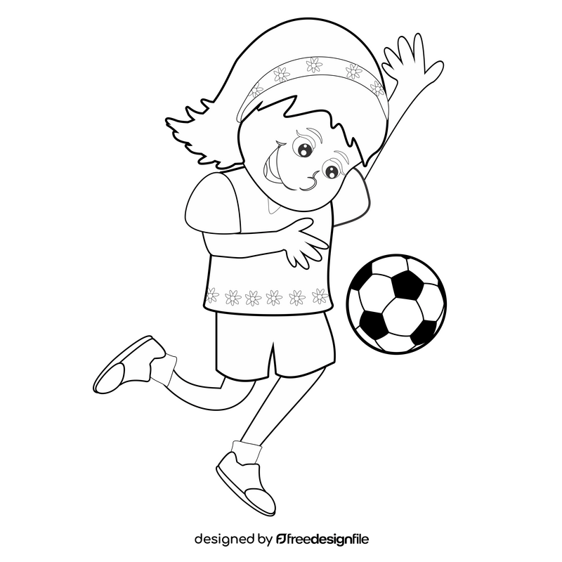 Dark haired girl playing soccer black and white clipart