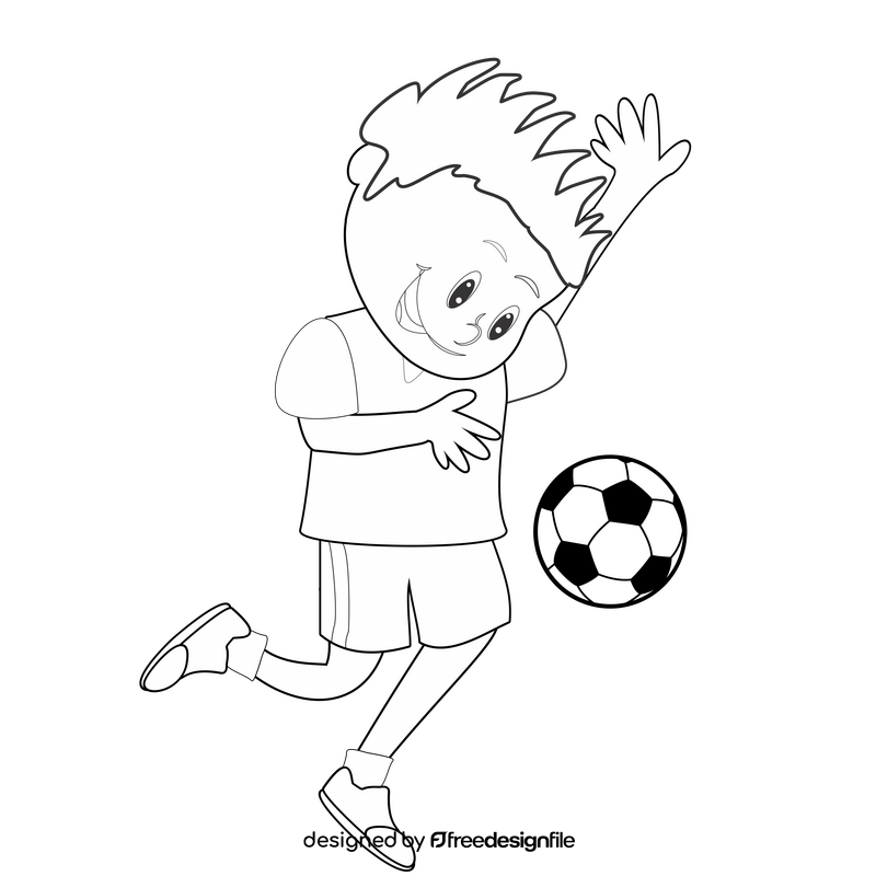 Dark haired boy kicking a ball black and white clipart