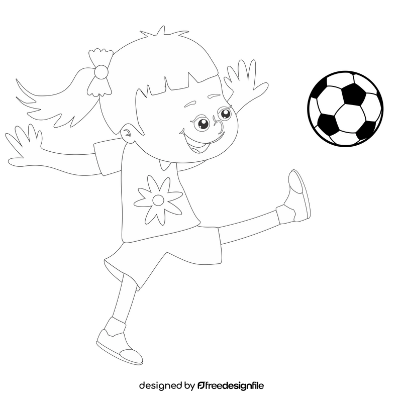 Girl with pigtails hair playing soccer black and white clipart