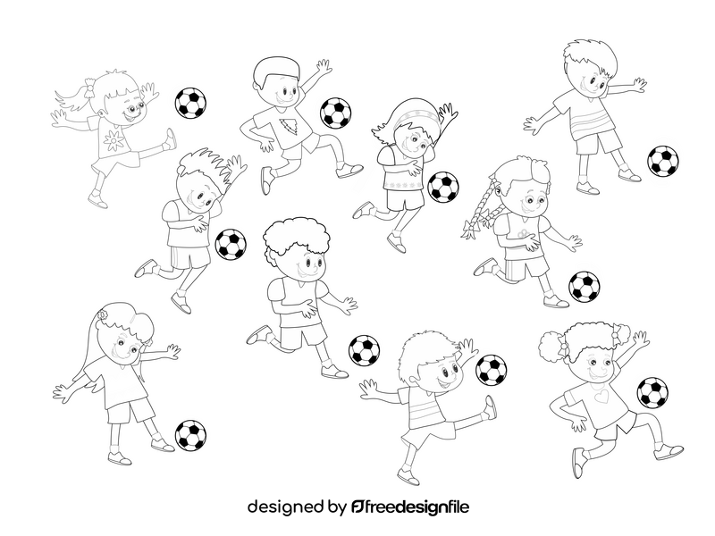 Cartoon kids playing soccer, football black and white vector