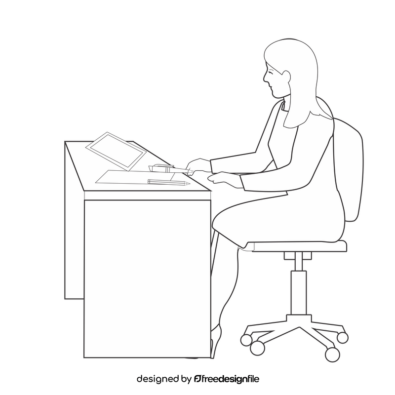 Woman at her desk working with a tablet black and white clipart