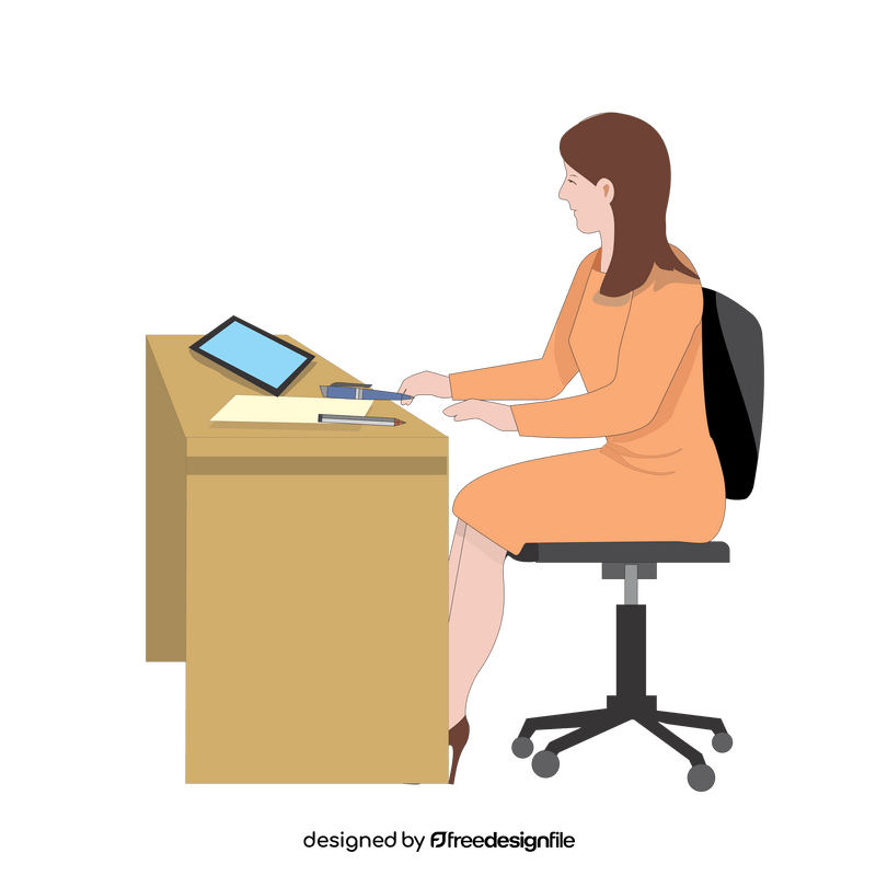 Woman at her desk working with a tablet clipart