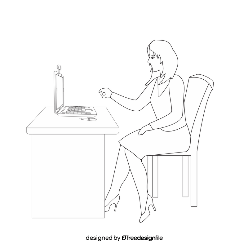 Woman working on computer black and white clipart