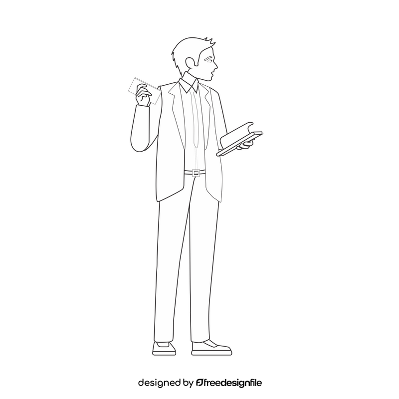 Man with mobile phone and book black and white clipart