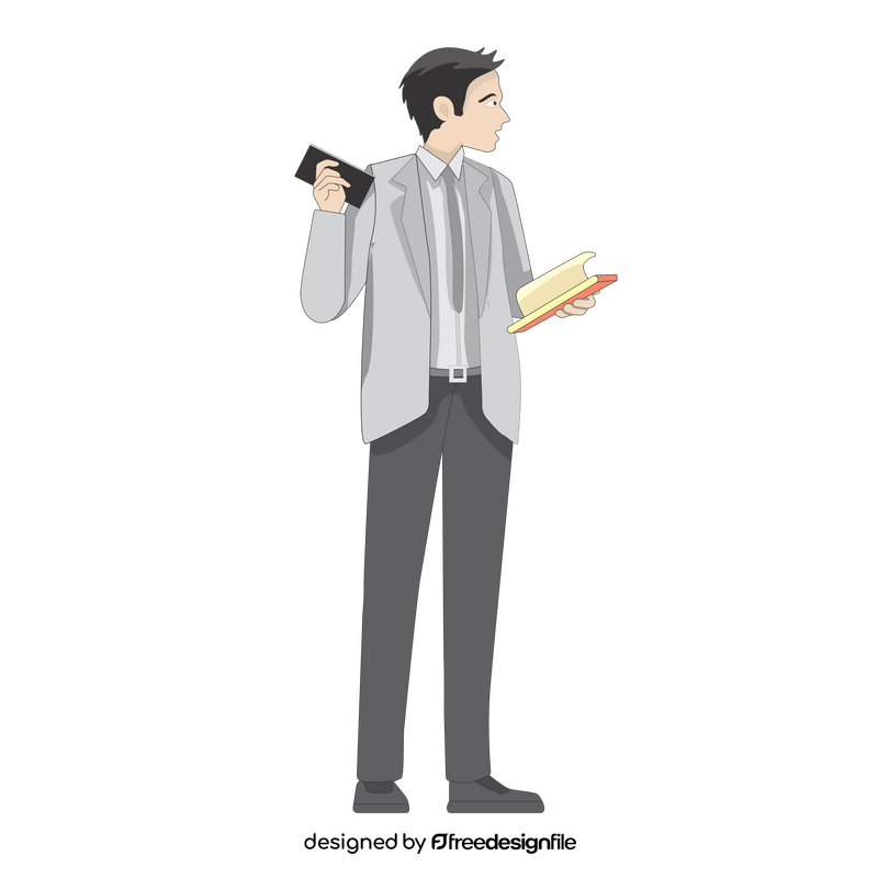 Man with mobile phone and book clipart