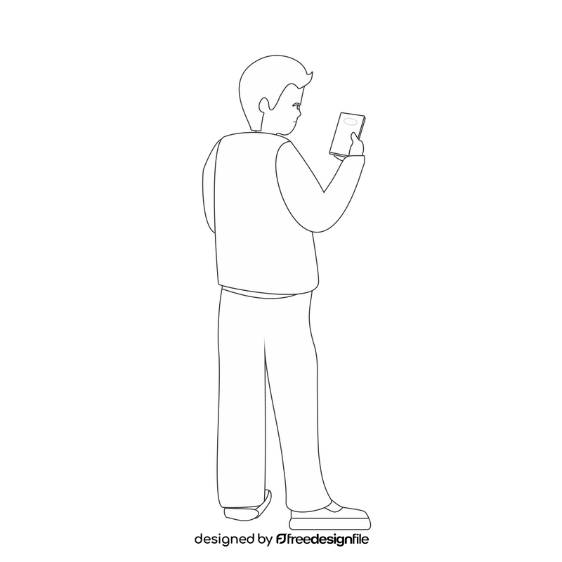 Cartoon man using mobile phone black and white clipart