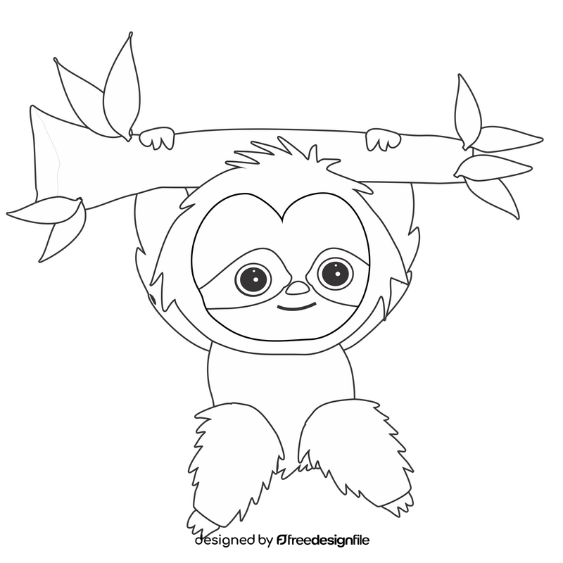 Sloth hanging on a branch black and white clipart