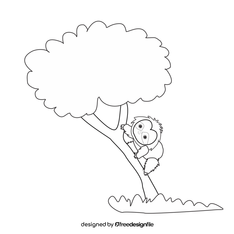 Cartoon sloth climbing up a tree black and white clipart