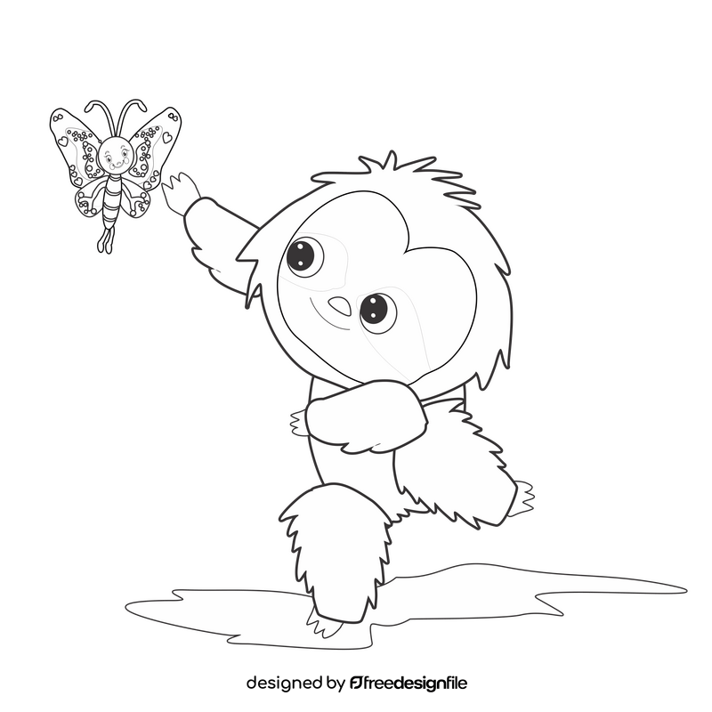 Sloth with butterfly black and white clipart