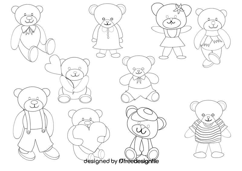 Cute teddy bears black and white vector