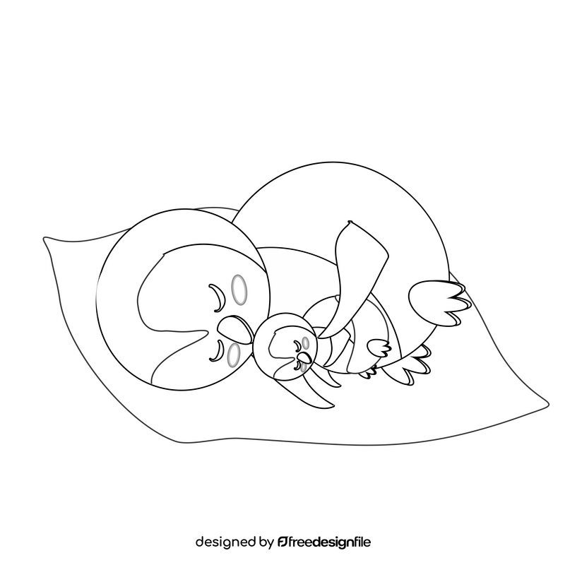 Mom and baby penguins sleeping black and white clipart