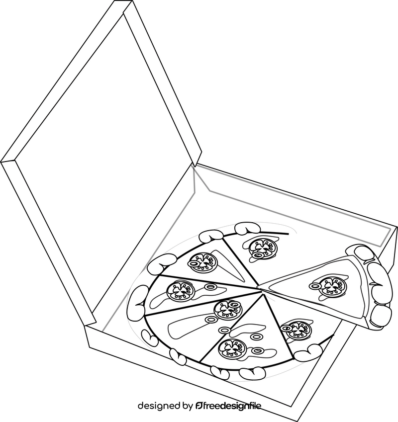 Cartoon pizza in a box black and white clipart