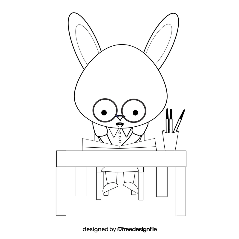 Cartoon rabbit at school black and white clipart