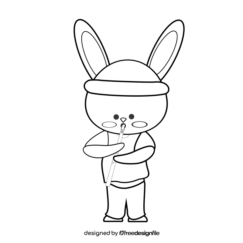 Rabbit playing flute cartoon black and white clipart