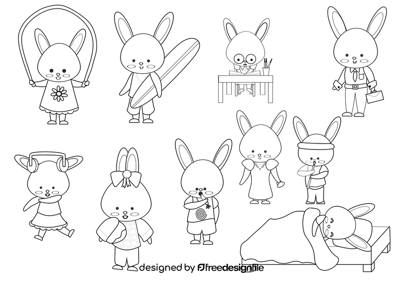 Cartoon rabbits black and white vector