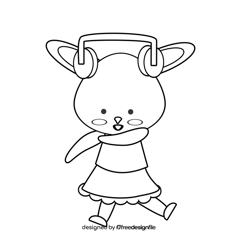 Rabbit listening to the music and dancing black and white clipart