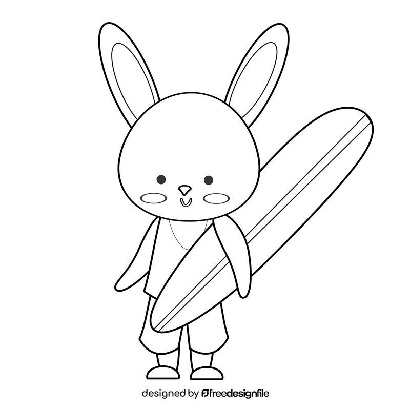 Rabbit going to the beach to surf black and white clipart