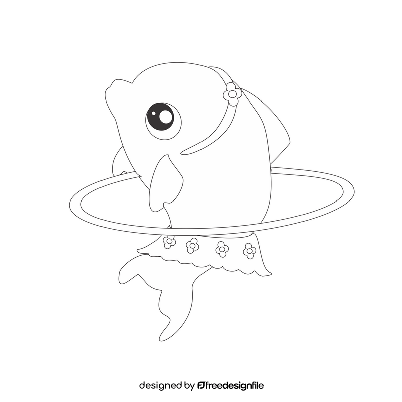 Cartoon baby dolphin playing with hula hoop black and white clipart