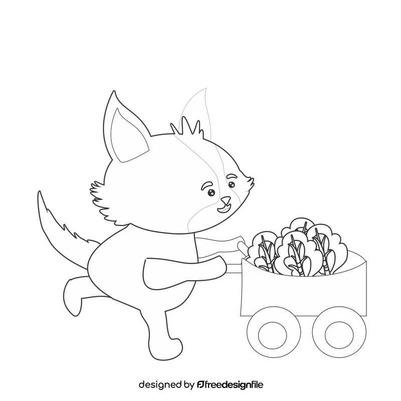 Cartoon fox working in the garden black and white clipart