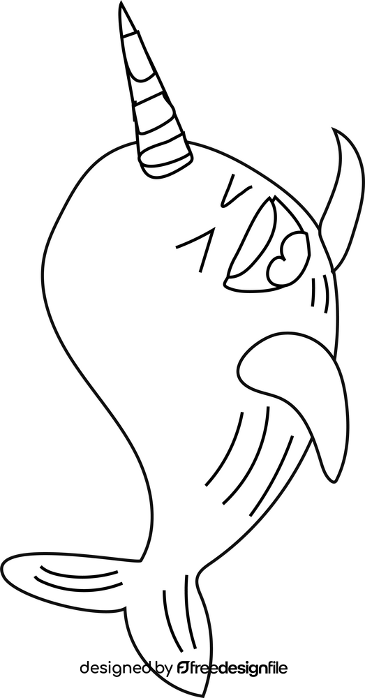 Cartoon narwhal whale laughing black and white clipart