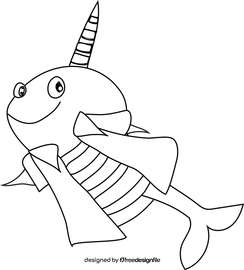 Narwhal whale going to a party black and white clipart
