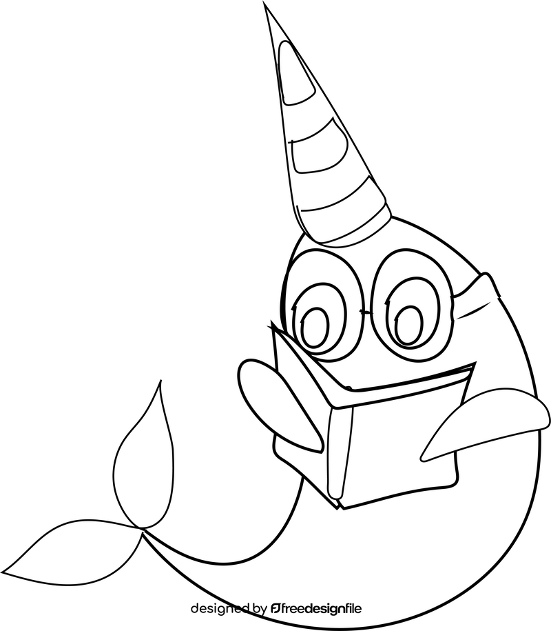 Free narwhal whale reading a book black and white clipart