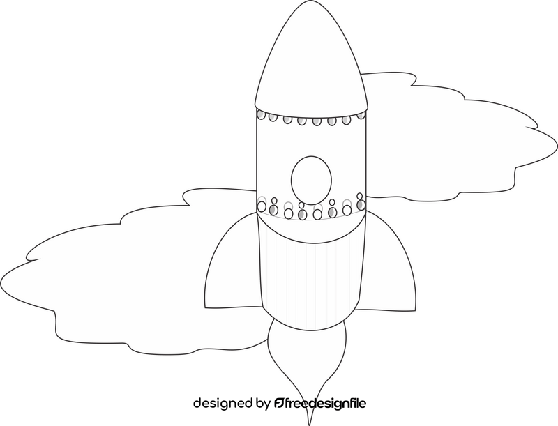 Rocket flying in the clouds black and white clipart