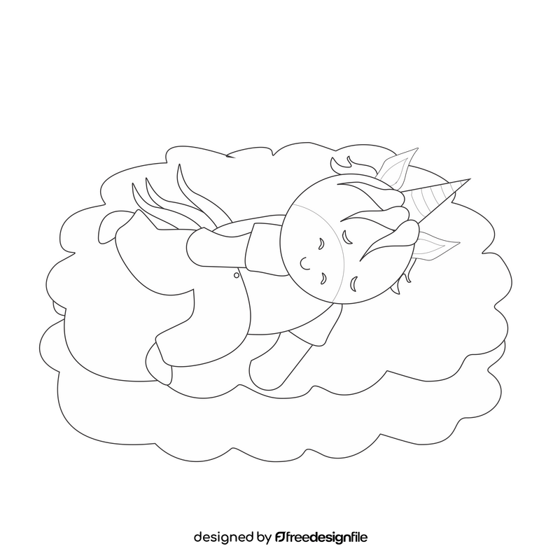 Cute unicorn sleeping black and white clipart