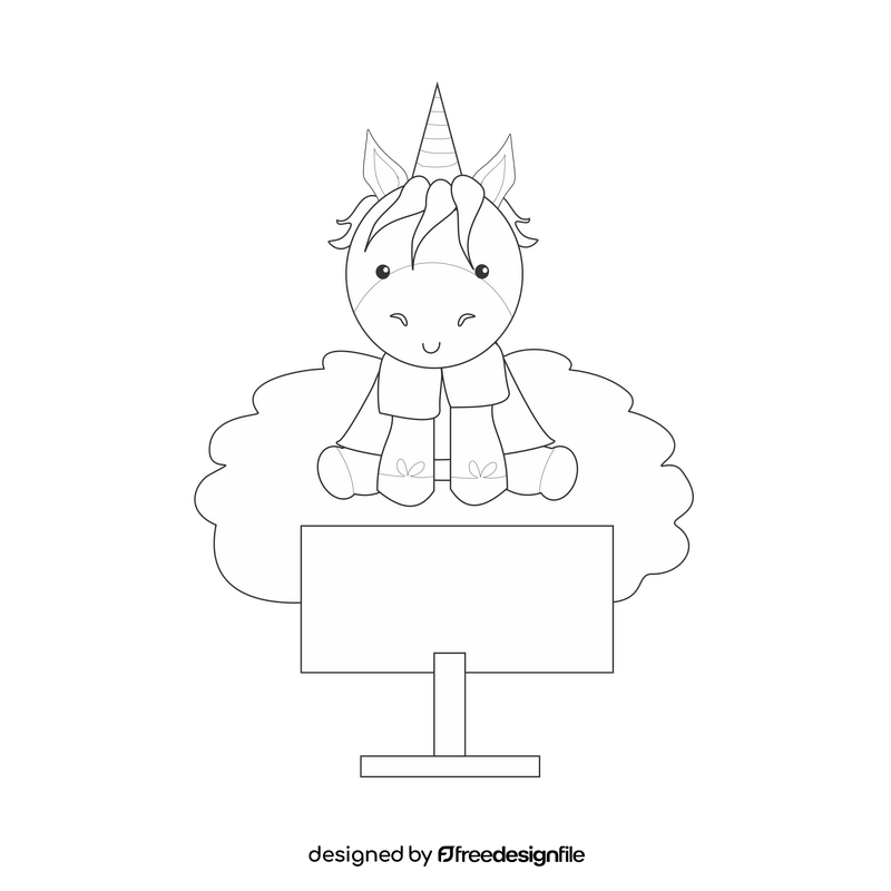 Cute unicorn watching TV black and white clipart